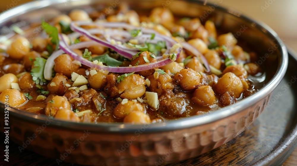 Close-up of Chickpea Curry with Red Onion and Herbs in a Copper Bowl Close-up of Chickpea Curry with Red Onion and Herbs in a Copper Bowl