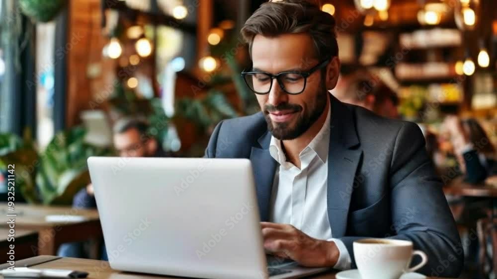 A business man is working on her laptop with a coffee shop background. A business man is working on her laptop with a coffee shop background.