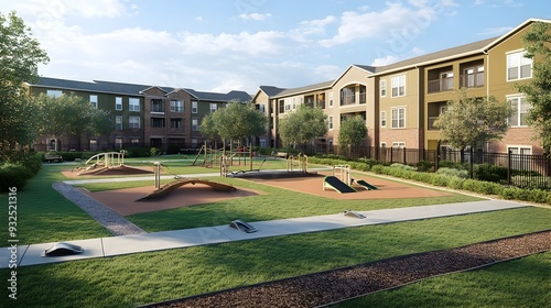 Fototapeta Naklejka Na Ścianę i Meble -  Apartment Complex with Designated Pet Friendly Area Agility Equipment and Waste Stations Surrounded by Landscaped Outdoor Spaces for Resident Pets and Families