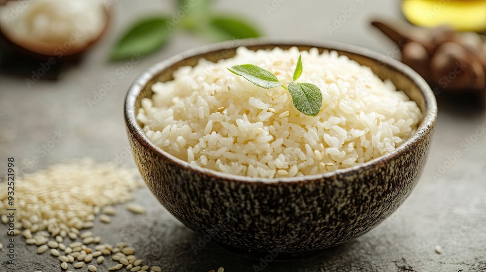 Bowl of Cooked White Rice with Sesame Seeds and a Green Leaf Garnish Bowl of Cooked White Rice with Sesame Seeds and a Green Leaf Garnish