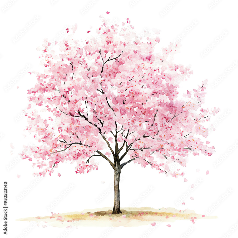 Fototapeta premium Beautiful watercolor illustration of a cherry blossom tree in full bloom, symbolizing spring and new beginnings.