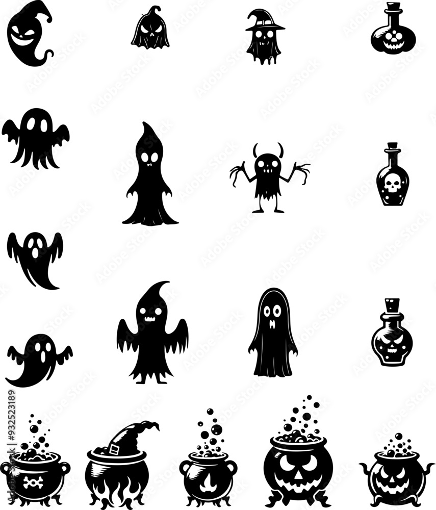 Set Halloween, line art silhouettes et formes de fantômes, chaudrons citrouilles et potions. Vecteur noir fond transparent pour ajuster 
