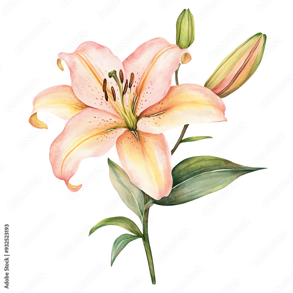 Beautiful watercolor illustration of a pink lily flower with green foliage. Perfect for botanical designs, prints, and decorative purposes. Beautiful watercolor illustration of a pink lily flower with green foliage. Perfect for botanical designs, prints, and decorative purposes.