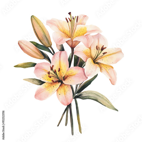 Beautiful watercolor illustration of a bouquet of lilies, showcasing delicate pink petals and green leaves, perfect for nature-themed designs.