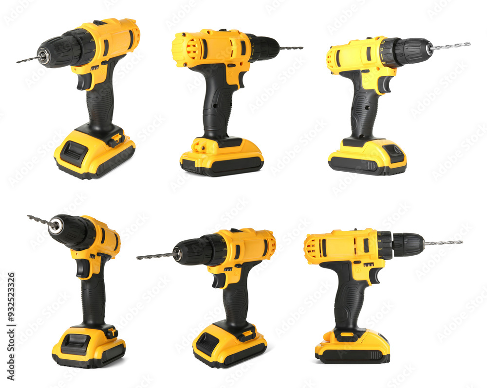Cordless drill isolated on white, views from different sides Cordless drill isolated on white, views from different sides