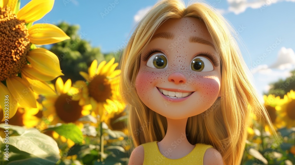 Fototapeta premium 3D cartoon close up of a youthful freckled blonde character smiling in a vibrant sunflower field
