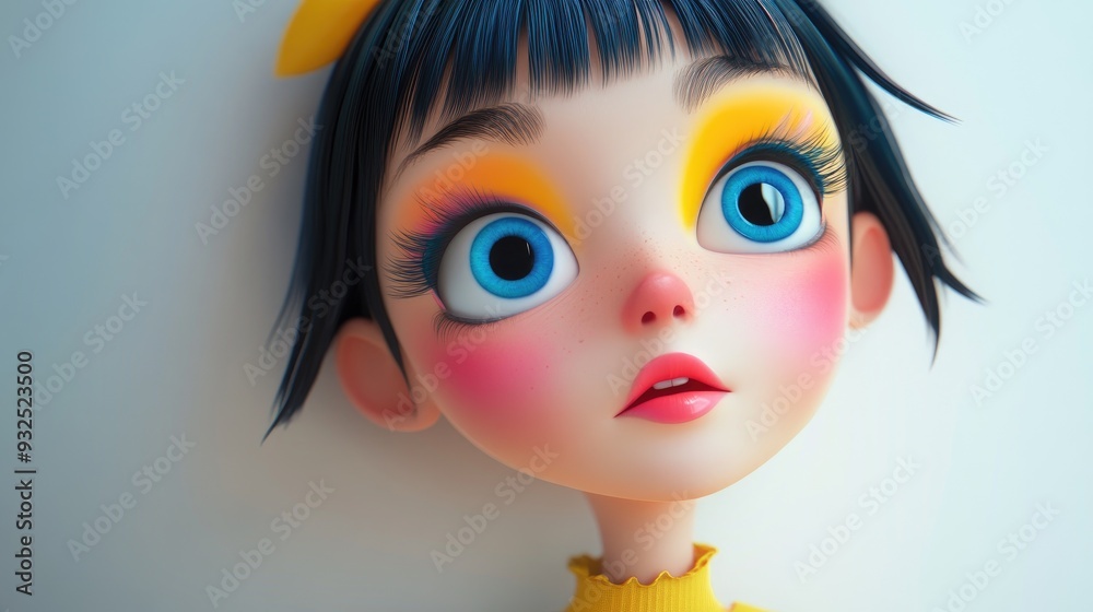 3D cartoon close up portrait of a cheerful young girl with vibrant makeup gazing at the viewer against a bright white backdrop 3D cartoon close up portrait of a cheerful young girl with vibrant makeup gazing at the viewer against a bright white backdrop