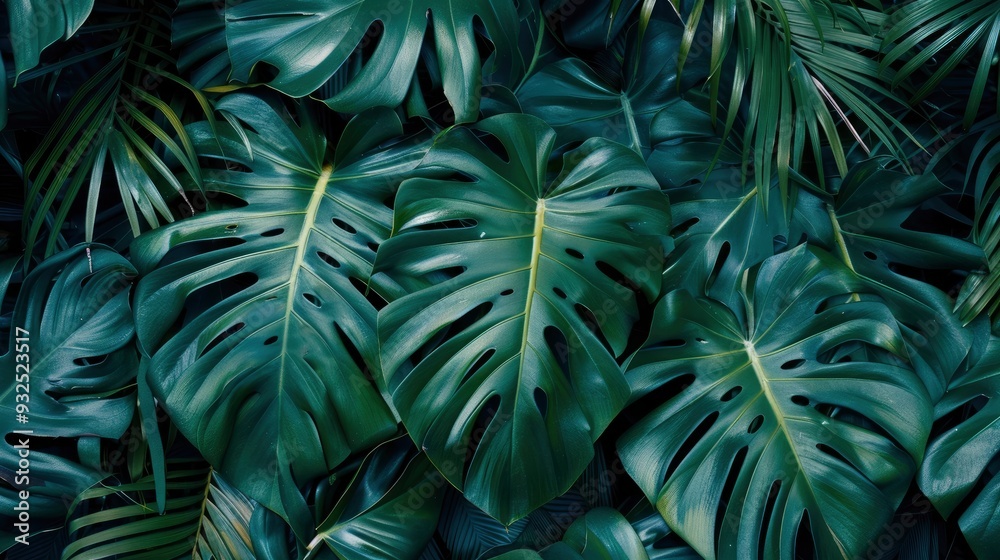 closeup nature view of green leaf and palms background. Flat lay, dark nature concept, tropical leaf, ai closeup nature view of green leaf and palms background. Flat lay, dark nature concept, tropical leaf, ai