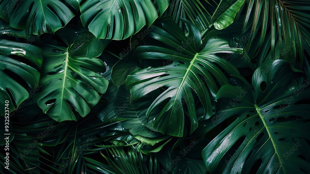 Fototapeta premium closeup nature view of green leaf and palms background. Flat lay, dark nature concept, tropical leaf, ai