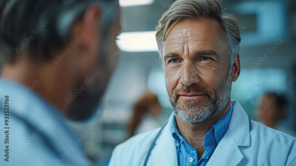 Fototapeta premium pharmaceutical sales representative talking with doctor in medical building ambitious male sales representative presenting new medication on tablet