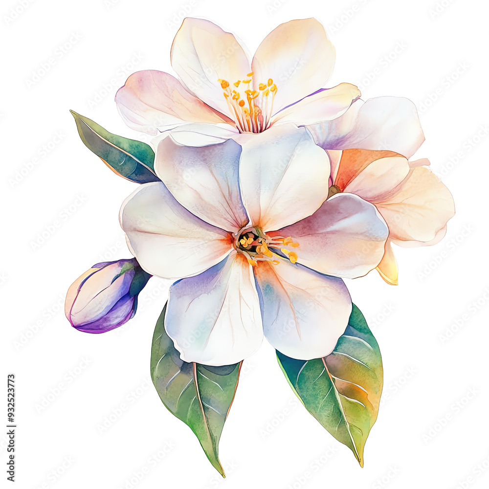 Fototapeta premium Beautiful watercolor illustration of white flowers with green leaves, perfect for spring and nature-themed designs.