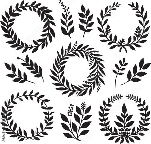 Wreaths and branches with leaves Black Vector Set,  Laurels wreaths, 