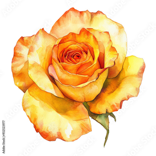 Beautiful watercolor painting of a vibrant yellow and orange rose in full bloom. Perfect for art projects and floral designs.