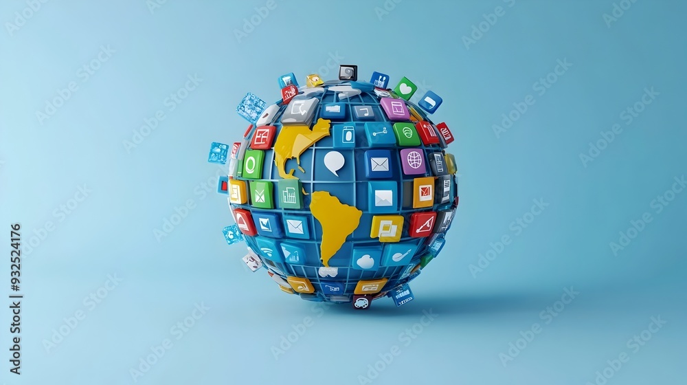 Global Internet Connectivity Symbolized by 3D Rendered Globe with Search Engine Icons Global Internet Connectivity Symbolized by 3D Rendered Globe with Search Engine Icons