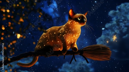 of a Burmese cat with glowing orange fur sitting on a witch s broomstick under a starry night sky with a spooky mystical Halloween atmosphere photo