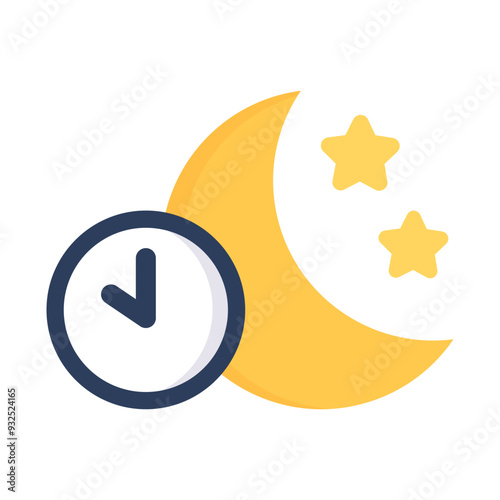 Night sleep icon. Moon with clock. Bedtime, nighttime, insomnia, dream concepts. Flat vector design isolated illustration.