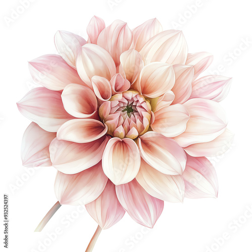 Close-up of a beautiful blush pink dahlia flower, showcasing its intricate petals and delicate texture, isolated on a white background.