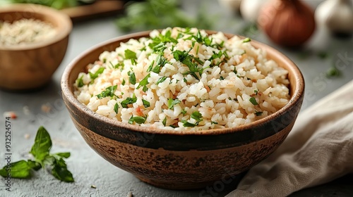 A Bowl of Cooked White Rice Topped with Parsley