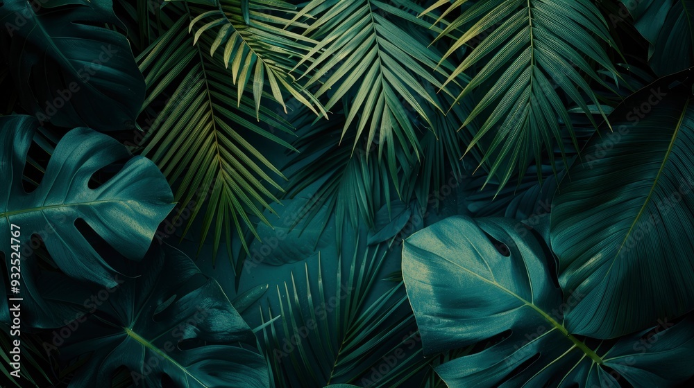 closeup nature view of green leaf and palms background. Flat lay, dark nature concept, tropical leaf, ai closeup nature view of green leaf and palms background. Flat lay, dark nature concept, tropical leaf, ai