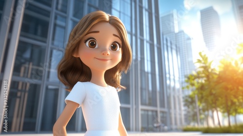 Free Download 3D Cartoon Girl in a Bright White Dress by a Tall Business Building with a Sunny Glow Behind Her - GFXLoad