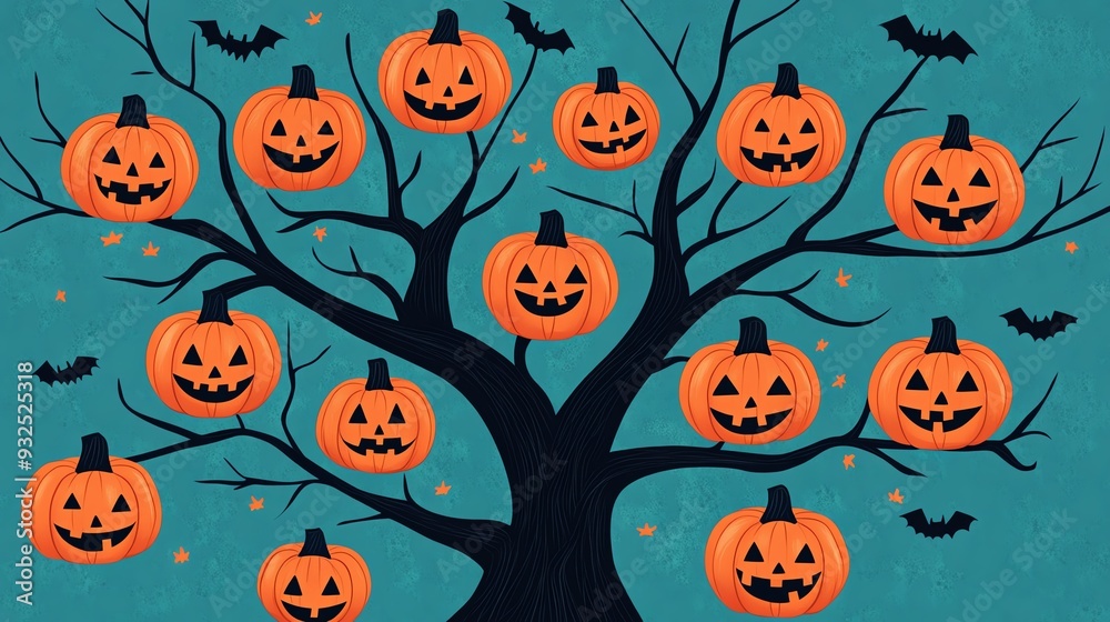 cute Halloween haunted tree with smiling jackolanterns Cartoonish style, simple lines, pastel palette Soft and inviting