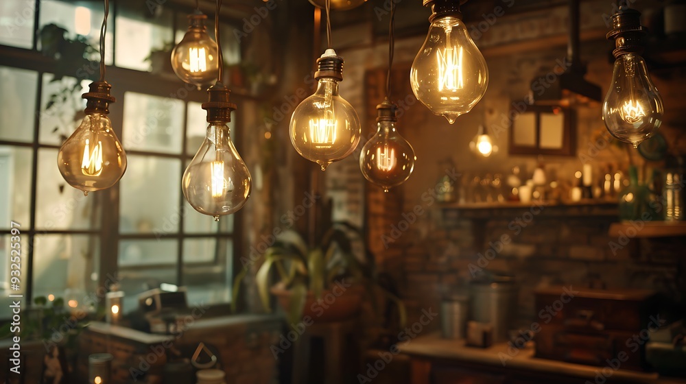 Obraz premium Vintage incandescent Edison light bulbs decorate the room.