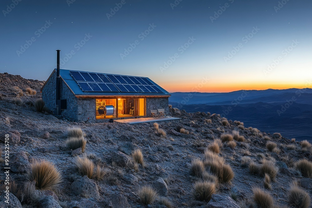 Solar-Powered Cabin on a Mountaintop at Dusk Solar-Powered Cabin on a Mountaintop at Dusk