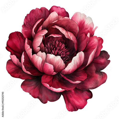 High-resolution image of a red peony flower with intricate petals, showcasing vibrant colors and detailed textures, isolated on a white background.