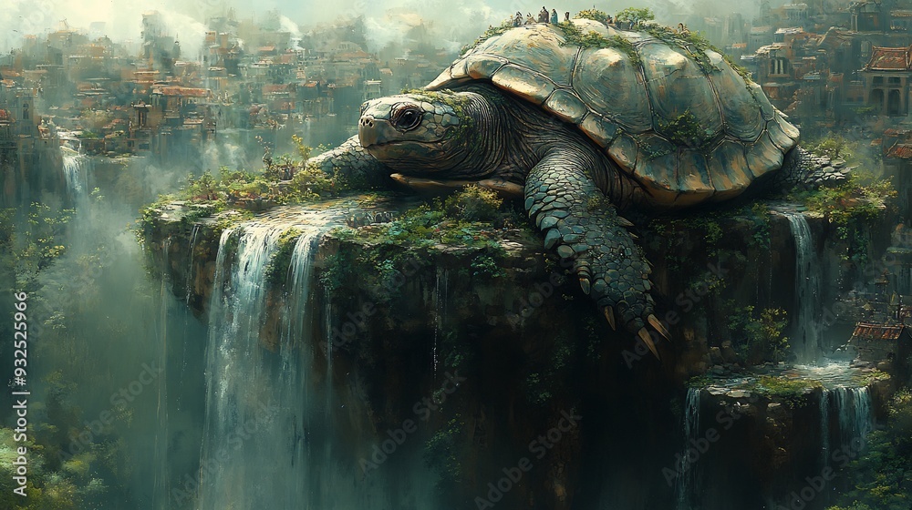 City built on the back of a giant ancient turtle with lush gardens and ...