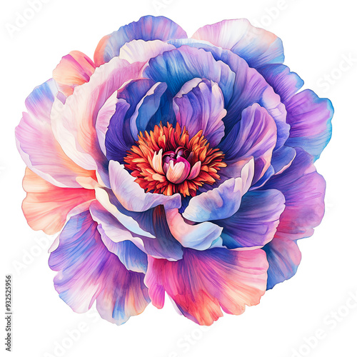 Vibrant multicolored peony flower painting with soft, gradient petals in hues of pink, purple, and blue. Artistic floral digital art.