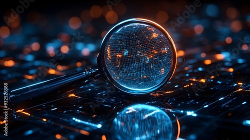 3D Magnifying Glass Revealing Hidden Digital Nodes in a Network Symbolizing Search Engine s Capability