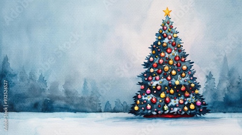 Watercolor of a grand Christmas tree in a snowy town square, lit up with festive lights and colorful ornaments, a centerpiece of holiday joy