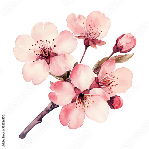 Watercolor illustration of delicate pink cherry blossoms in full bloom, perfect for spring or floral-themed designs.