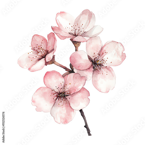 Watercolor illustration of delicate pink cherry blossoms on a white background, perfect for spring themes and nature-themed designs.