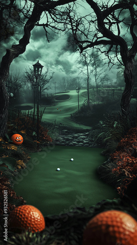 Haunted Golf Course in Spooky Forest with Pumpkins and Foggy Atmosphere