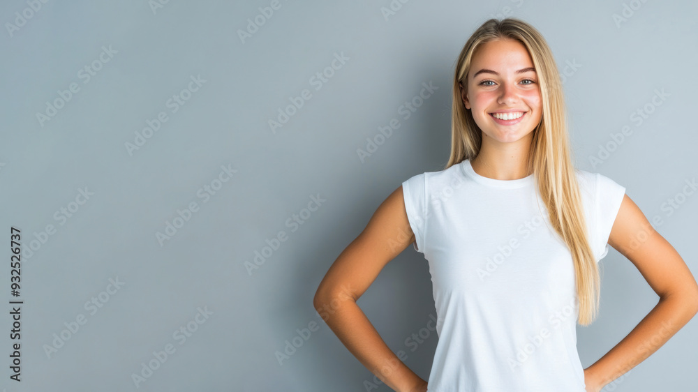 Caucasian woman smile hands on hips wearing white t-shirt isolated on gray Caucasian woman smile hands on hips wearing white t-shirt isolated on gray