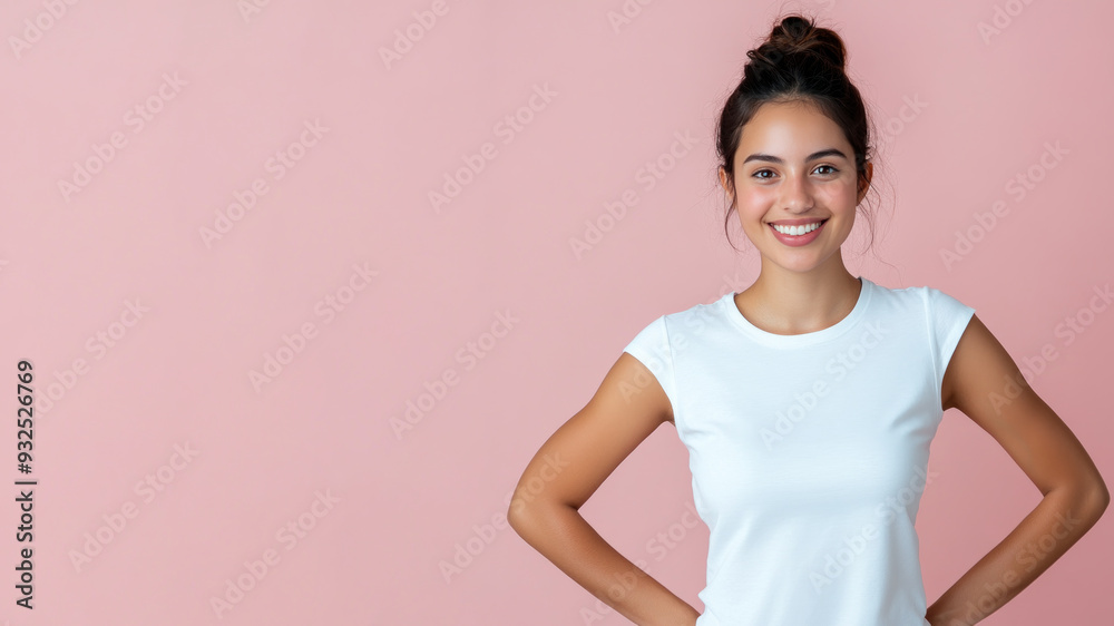 Germany woman smile hands on hips wearing white t-shirt isolated on gray Germany woman smile hands on hips wearing white t-shirt isolated on gray