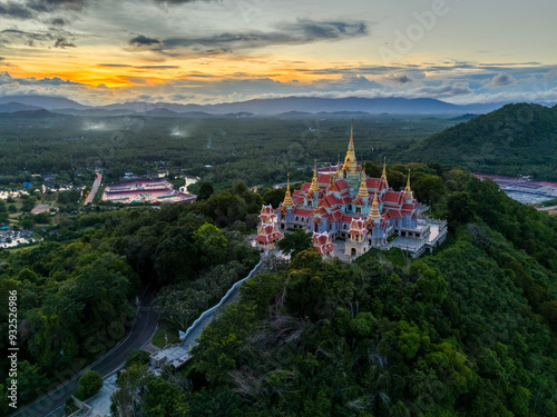 Aerial scenery of Phra Mahathat Chedi Phakdee Prakat temple onThong Chai Hill in Prachuap Khiri Khan province, Thailand