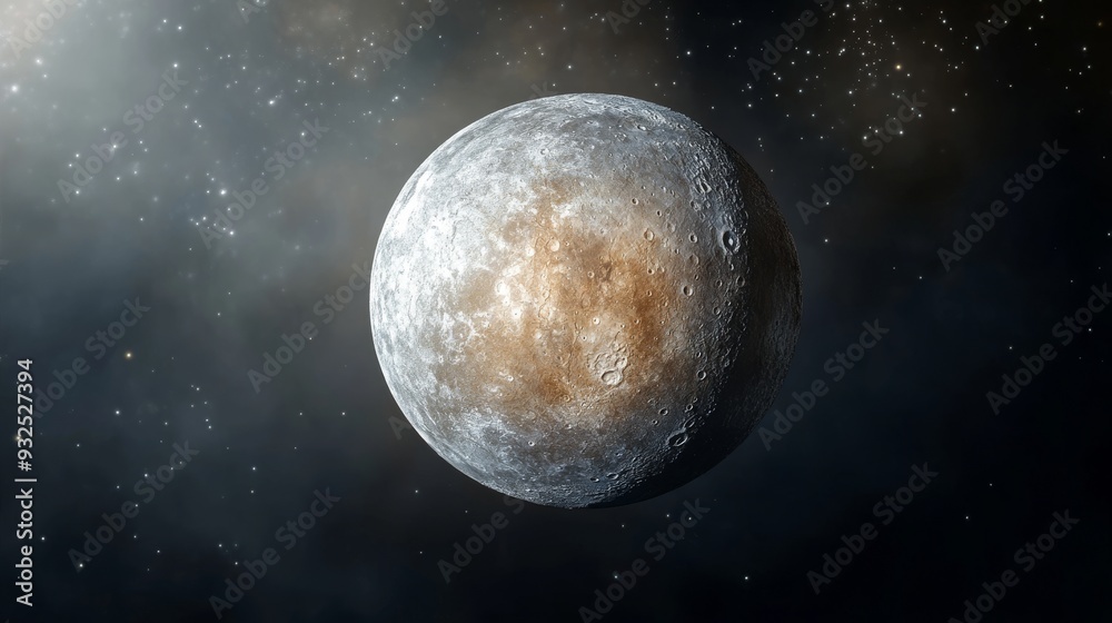 Mercury, showing a cratered rocky surface with shades of gray and brown. This image captures a barren and rugged landscape with realistic textures against a dark space backdrop of distant stars Mercury, showing a cratered rocky surface with shades of gray and brown. This image captures a barren and rugged landscape with realistic textures against a dark space backdrop of distant stars