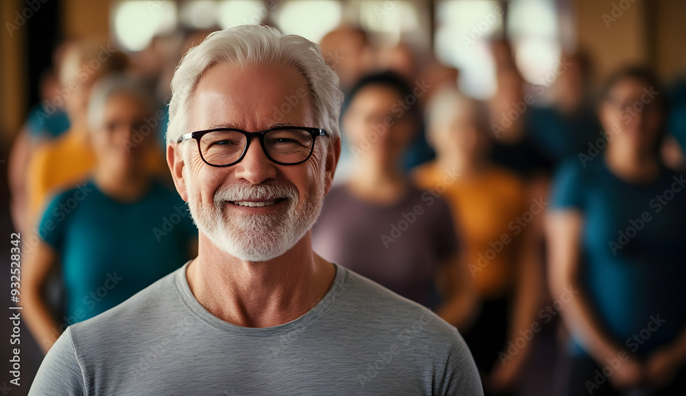 Joyful Seniors Engaged in Fitness Class, Highlighting a White-Haired Middle-Aged Man Joyful Seniors Engaged in Fitness Class, Highlighting a White-Haired Middle-Aged Man