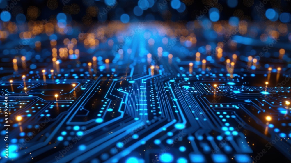 Produce an abstract digital network circuit board banner with blue glowing lights and data dots connected against a black background, symbolizing big data technology Produce an abstract digital network circuit board banner with blue glowing lights and data dots connected against a black background, symbolizing big data technology