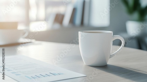 A serene workspace featuring a white mug beside a document, with soft sunlight illuminating the modern interior.