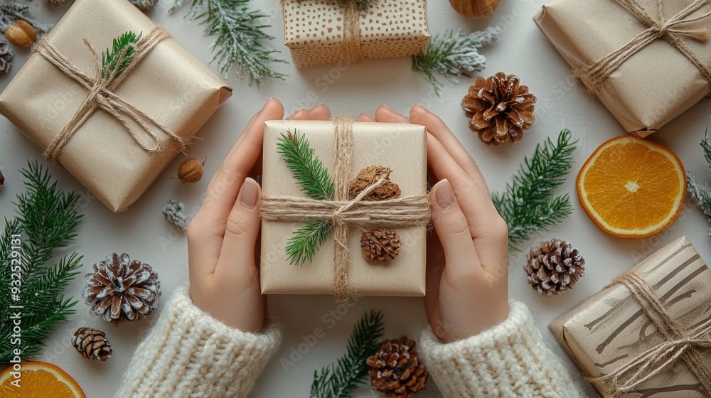 Hands arranging natural materials on gift boxes, creating eco-friendly decorations that emphasize the importance of sustainable gifting Hands arranging natural materials on gift boxes, creating eco-friendly decorations that emphasize the importance of sustainable gifting