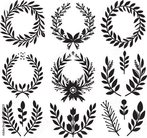 Wreaths and branches with leaves Black Vector Set,  Laurels wreaths, 