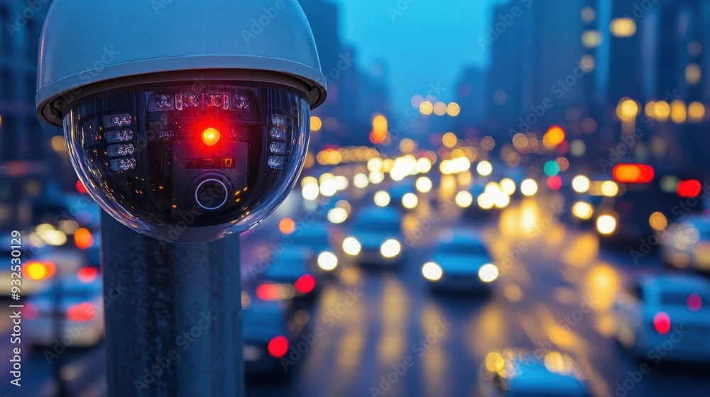 Close-up of surveillance camera on a city street at dusk, monitoring traffic with blurred lights in the background. Close-up of surveillance camera on a city street at dusk, monitoring traffic with blurred lights in the background.