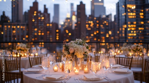 Fototapeta Naklejka Na Ścianę i Meble -  A romantic wedding reception on a rooftop terrace with panoramic views of the city skyline. The tables are arranged around the edge of the terrace, decorated with white linens, candles, and simple
