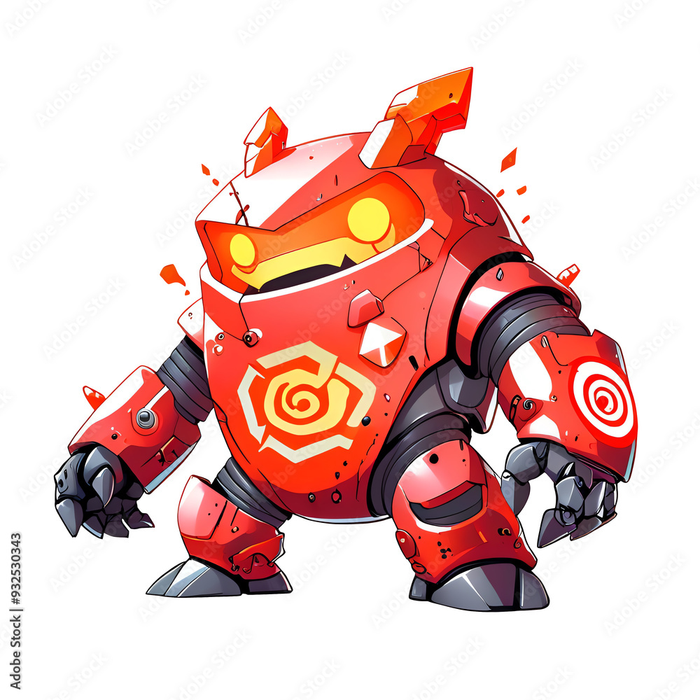 A robot with a red body and yellow eyes