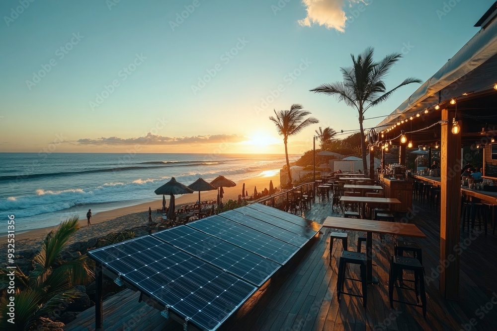 Sunset Beach Bar with Solar Panels and Palm Trees Sunset Beach Bar with Solar Panels and Palm Trees