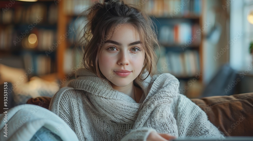 university student is writing her thesis onlaptop sitting at home on the couch scrolling on smartphone university student is writing her thesis onlaptop sitting at home on the couch scrolling on smartphone