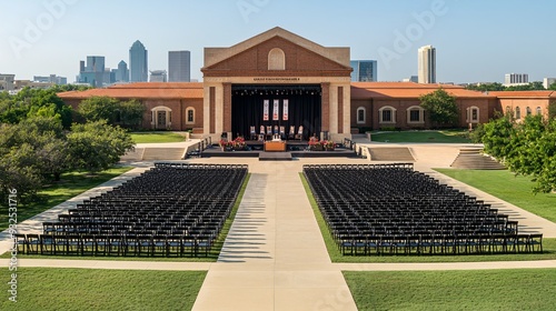 A grand outdoor graduation ceremony setup in a large city plaza, with a stage set up in front of a monumental building. Rows of chairs are arranged in perfect alignment, and the stage is decorated